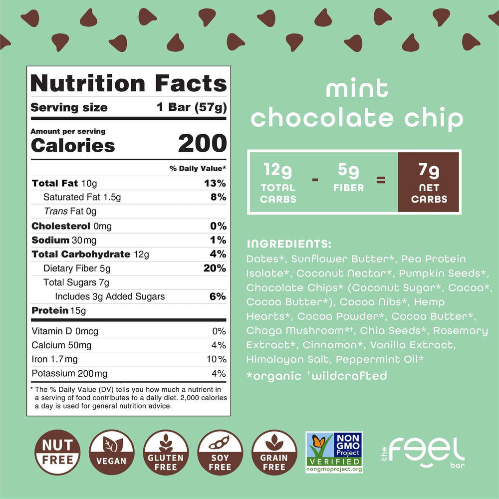 Feel vegan bars mint chocolate chip on-the-go packaging ideal for travel.