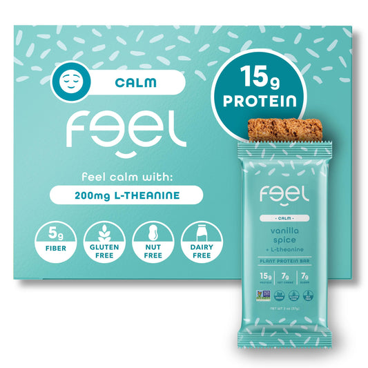 FEEL Calm vegan protein bar in vanilla spice packaging for mindful snacking