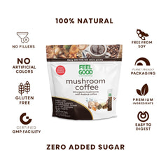 FeelGood Mushroom Coffee espresso-shot moment signals a quick energy lift