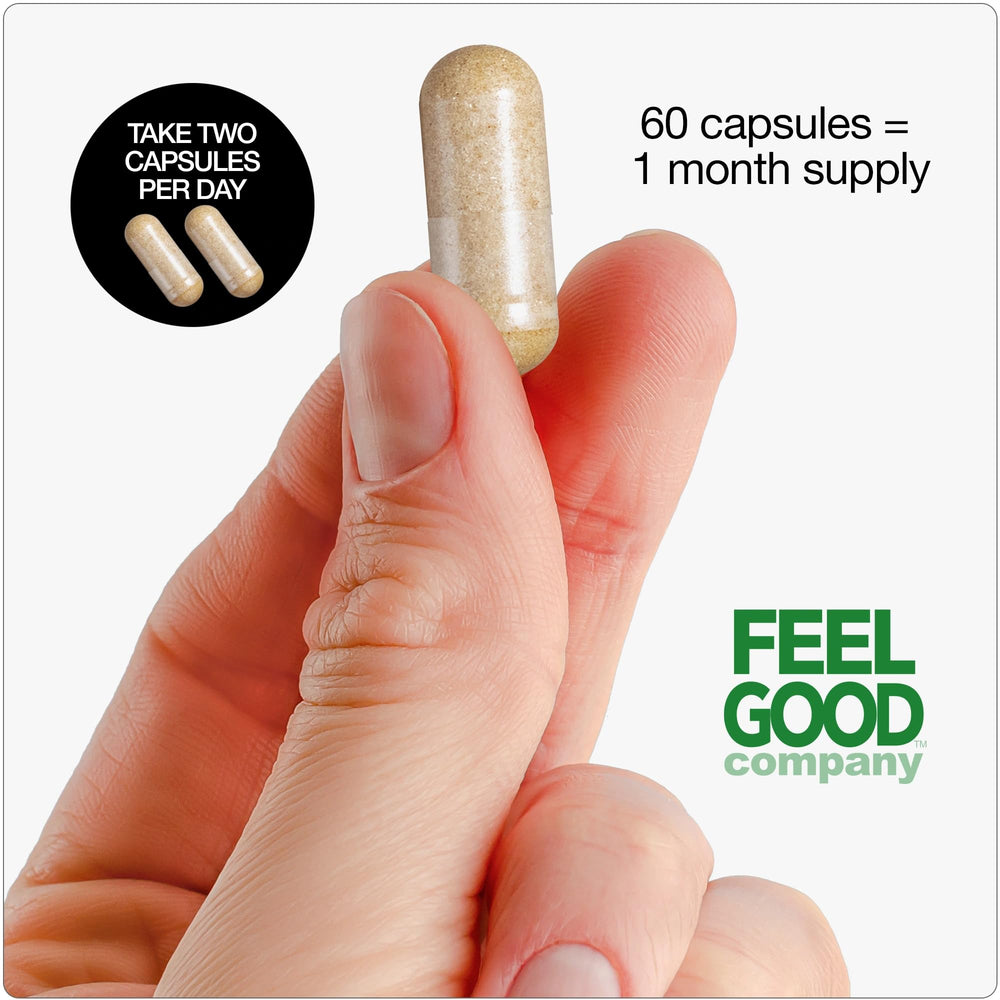 FeelGood withania root extract close-up suggests natural herbal origins.