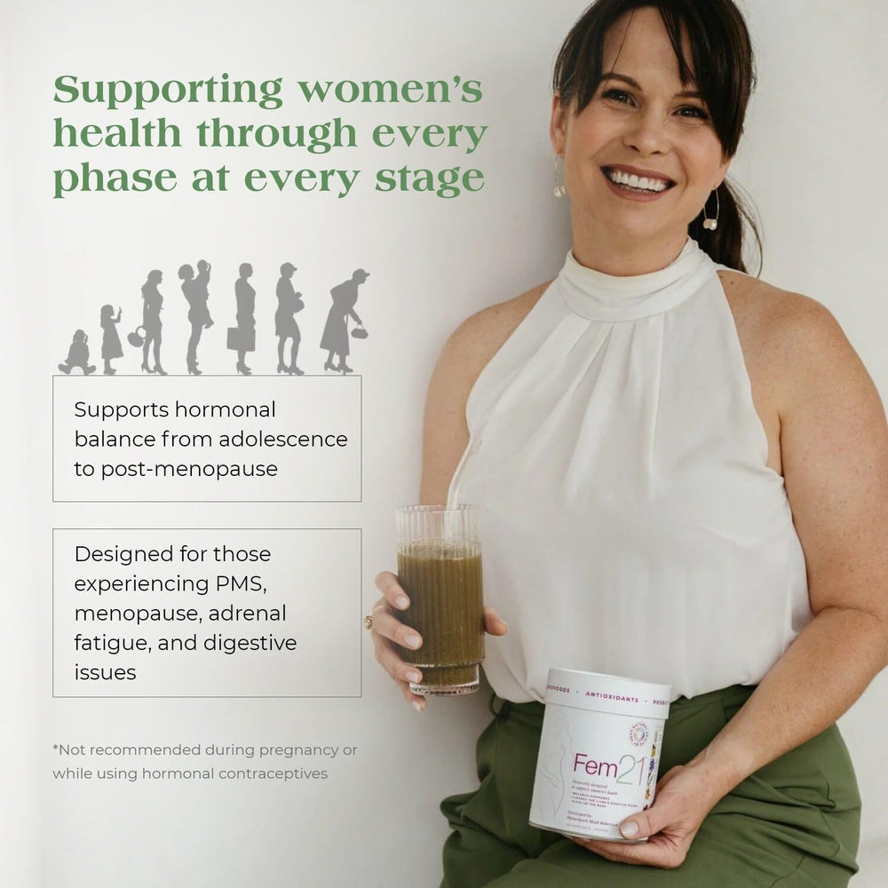 Fem21 ingredients spread displays 21 superfoods for balanced nutrition