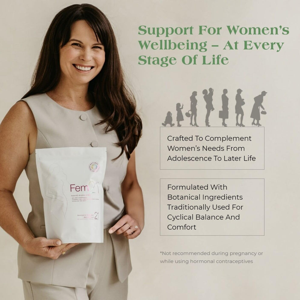 Fem21 packaging emphasizes prebiotics and probiotics for gut wellness.
