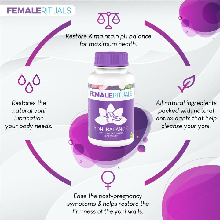 Close-up of Female Rituals Yoni Balance pills showing natural herbal capsules for balance.