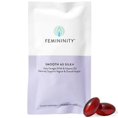 Femininity Smooth as Silk+ bottle front shows elegant packaging for daily moisture support.
