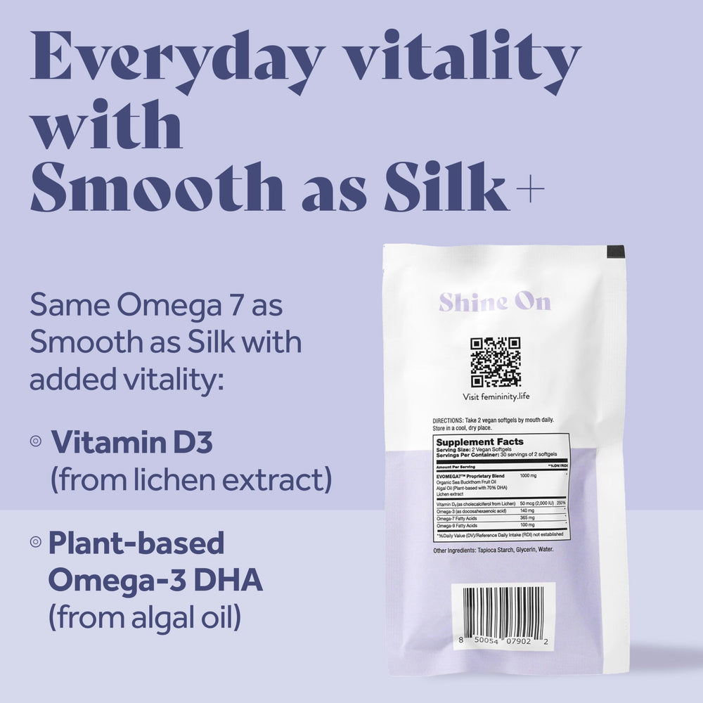 Femininity Smooth as Silk+ softgels close-up for easy daily use.