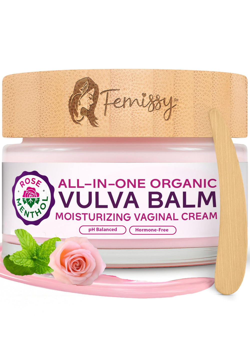 Femissy Vulva Balm Rose Menthol 2oz bottle highlights soothing hydration for sensitive skin.