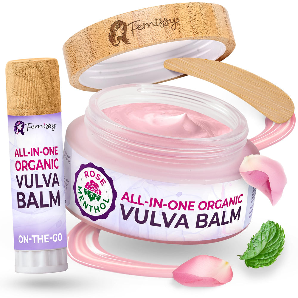 Femissy Vulva Balm Rose & Mint packaging highlights travel-size set for on-the-go moisture.