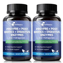 Femmetra digestive enzymes bottle showing multi-enzyme blend for daily support