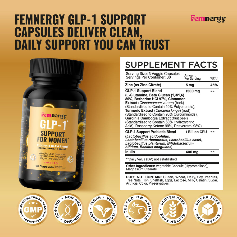 Probiotic strains and inulin prebiotic visualization in Femnergy bottle