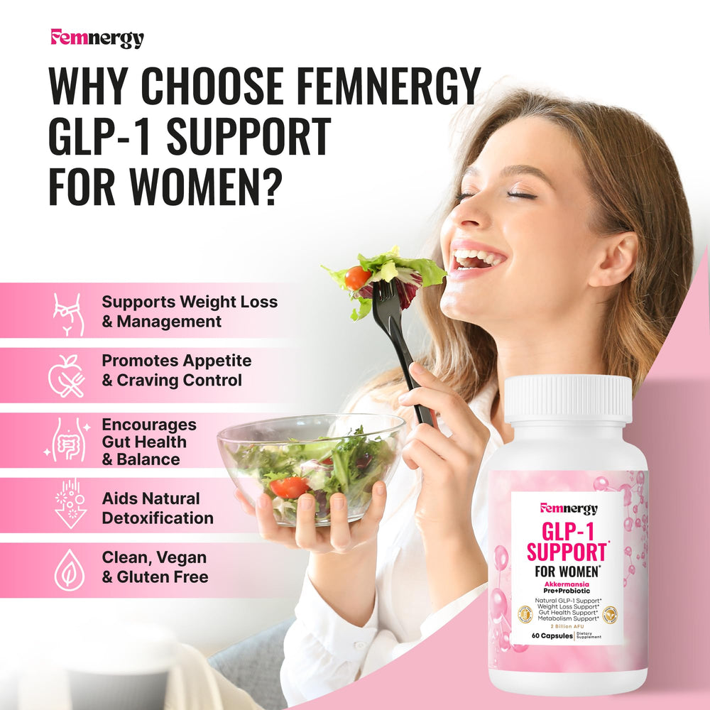Femnergy GLP-1 Support capsules on pack illustrating gut health and metabolism support