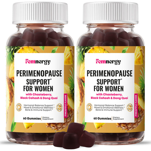 Femnergy Perimenopause Gummies in pineapple flavor for daily balance.