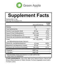 Fenix Nutrition Arginine Complete green apple close-up ingredients explain formula.