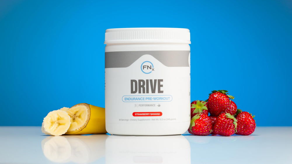 Fenix Nutrition Drive Endurance powder jar highlights clean energy without crash.
