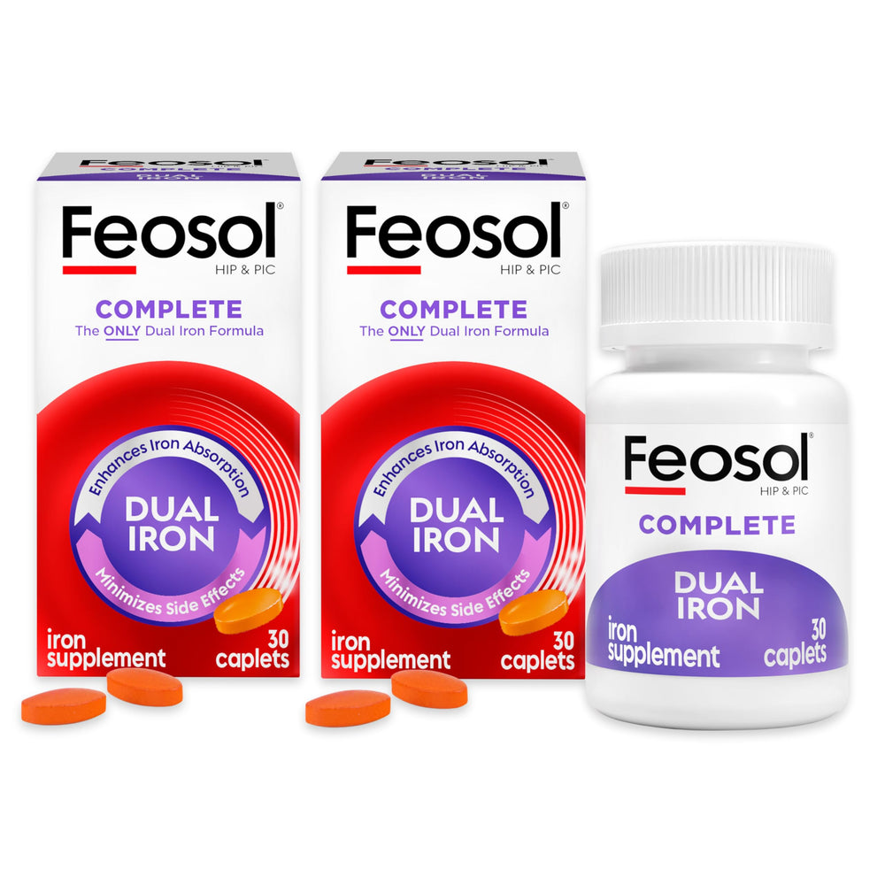 Feosol Complete iron caplets in front pack view for easy daily use