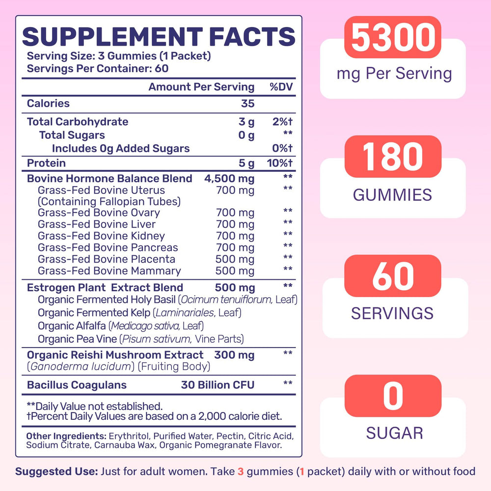 Fepoukak Beef Organ Gummies serving size graphic shows three gummies per day