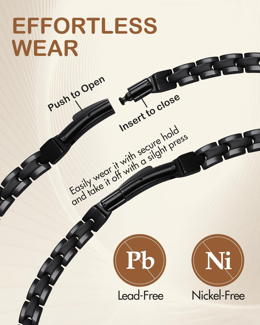 Feraco 316L stainless steel necklace highlights hypoallergenic, lead-free, nickel-free properties.