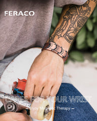 Feraco copper bracelet on wrist demonstrates comfortable fit and subtle magnetic support.