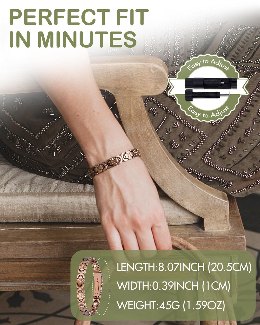 Bracelet length 8.07 inches with adjustable fit for wrists.