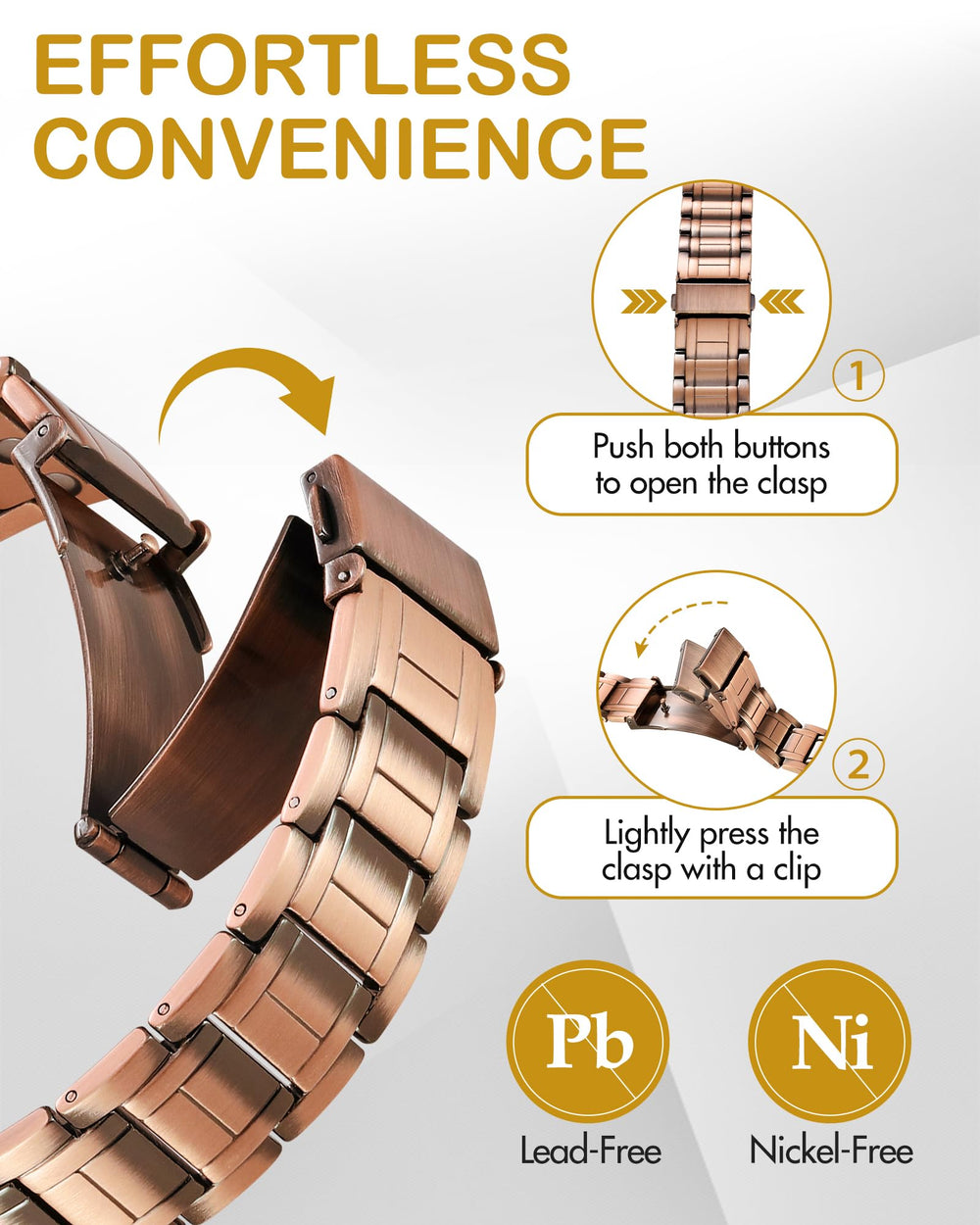 Feraco bracelet demonstrates nickel-free and lead-free copper for skin comfort