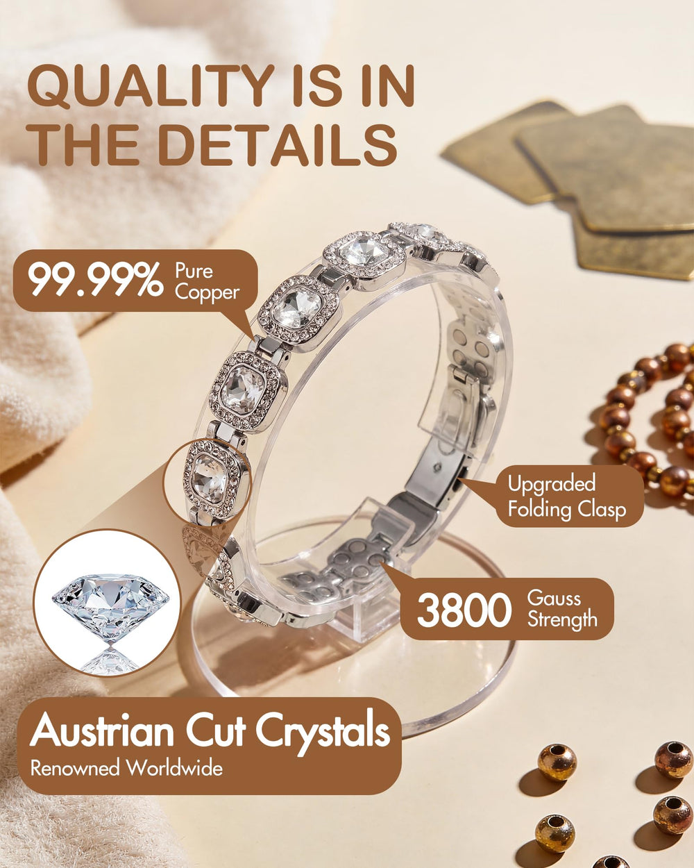 Feraco copper bracelet Austrian crystals reflect light for day to night wear