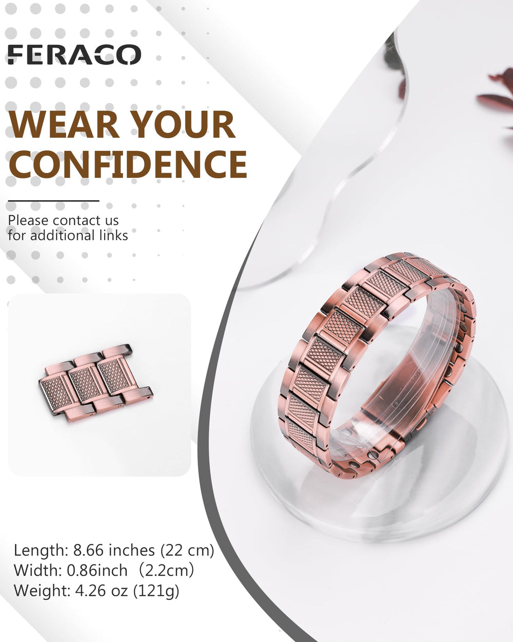 Feraco copper bracelet wrist shot demonstrates secure, comfortable wear.