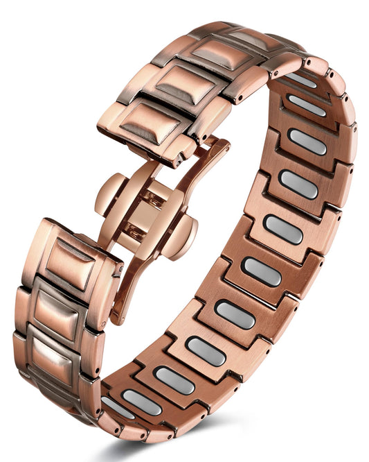Feraco copper magnetic bracelet closeup shows warm patina for daily wear.