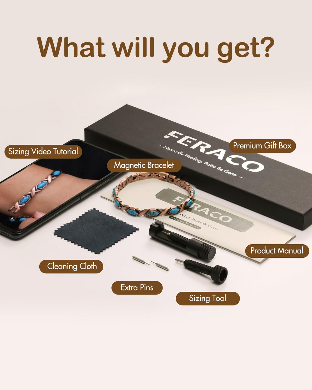 Feraco gift-ready bracelet box includes sizing tool and manual.