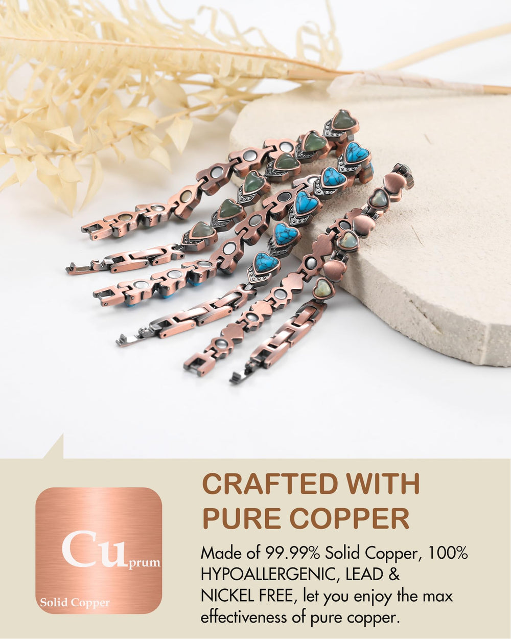 Feraco pure copper construction, hypoallergenic and nickel-free for daily comfort.