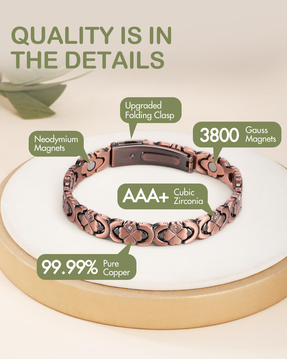 Close-up of Feraco pure copper bracelet with magnetic core and cubic zirconia sparkle.