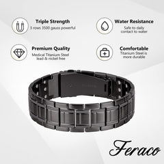 Feraco titanium steel is hypoallergenic, waterproof, and durable