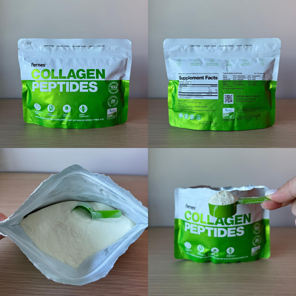 Close-up of Fernes collagen nutrition label highlighting 10 g protein per serving
