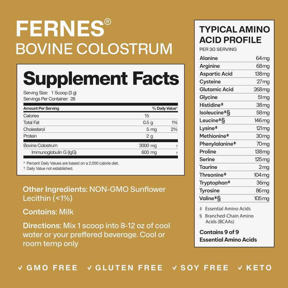 Fernes third-party tested purity and potency label on colostrum powder