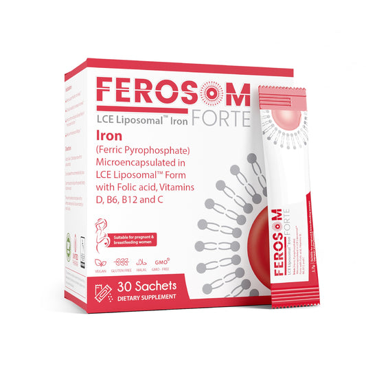 Ferosom Forte LCE liposomal iron sachet packshot for convenient daily iron support.
