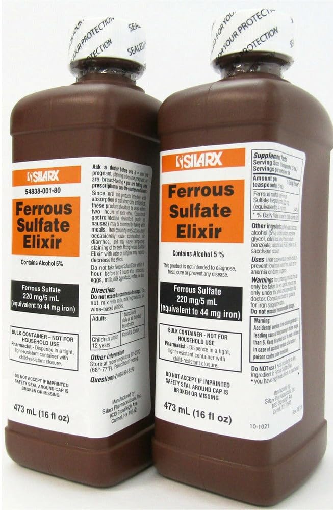 Ferrous Sulfate Elixir bottle front view, showcasing a 16 oz size for long-term use.