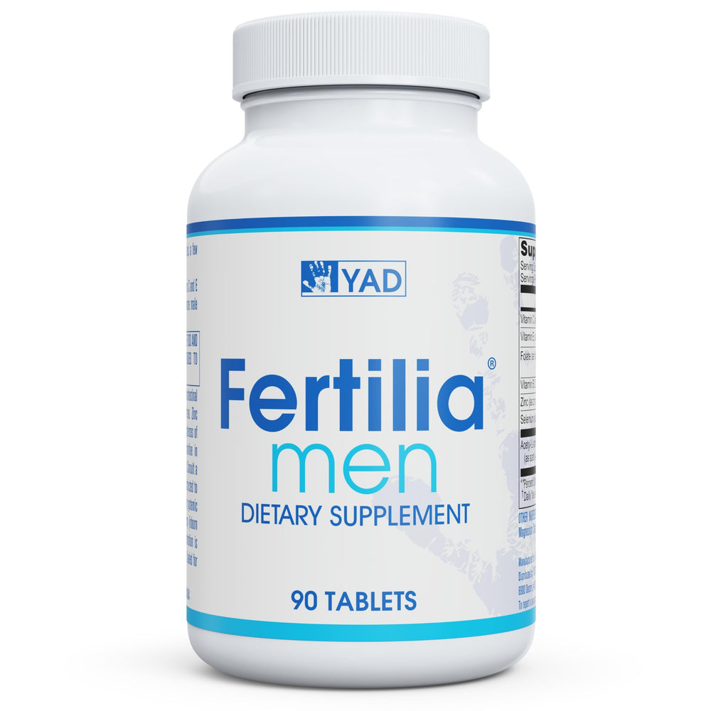 Fertilia Men bottle and tablets on a clean surface for daily fertility support.