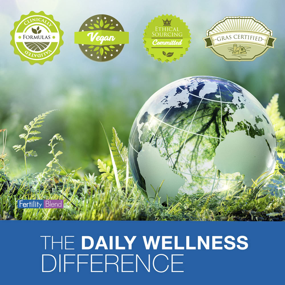 Fertility Blend Daily Wellness capsules on a desk for daily routine.