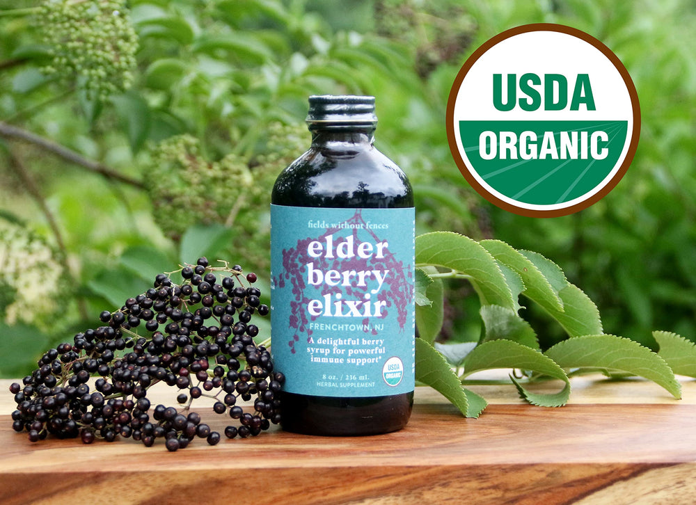 Fields Without Fences Elderberry Elixir bottle in a family kitchen, signaling kid-friendly daily use.