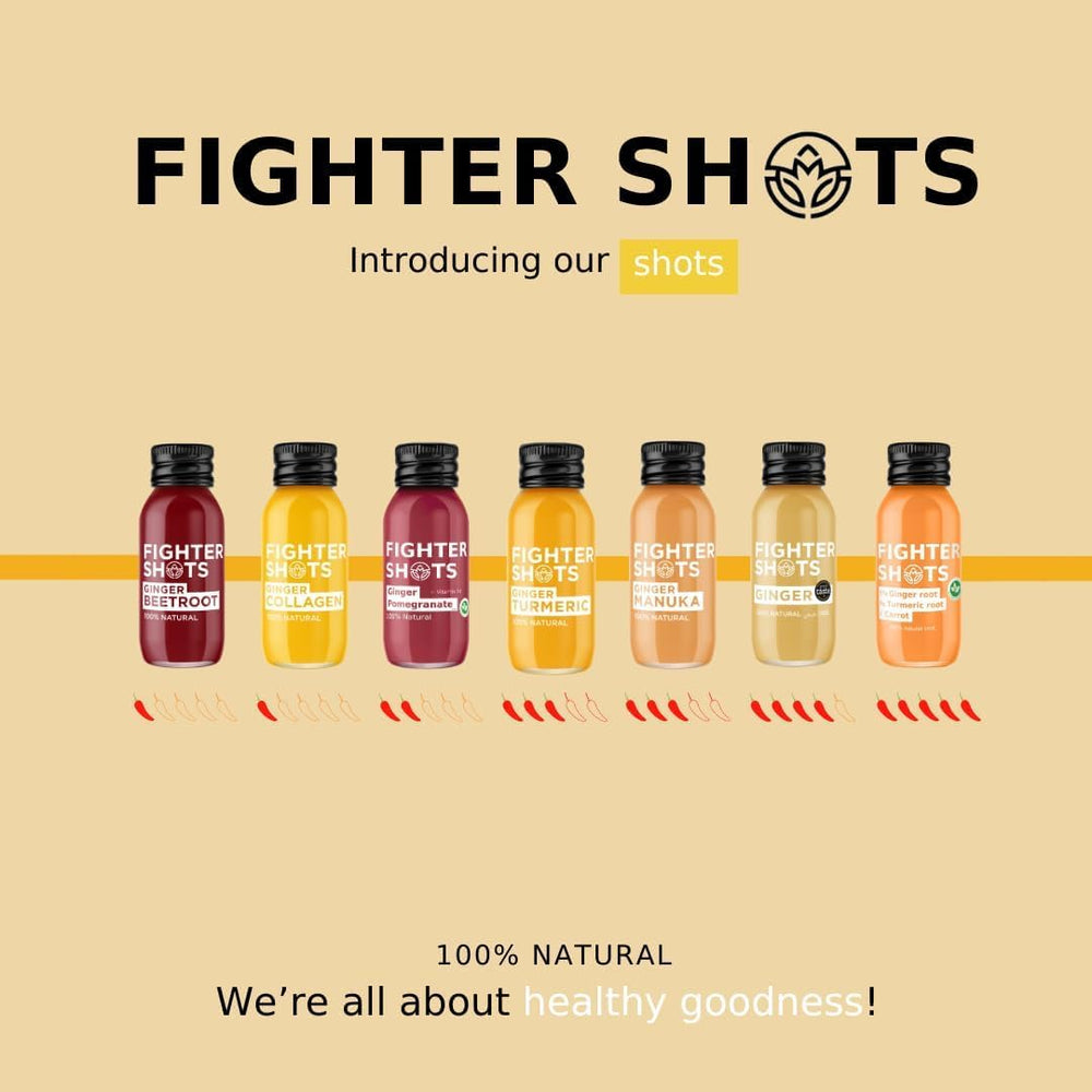 Fighter Shots Ginger Marine glass bottle on shelf emphasizes eco-friendly packaging