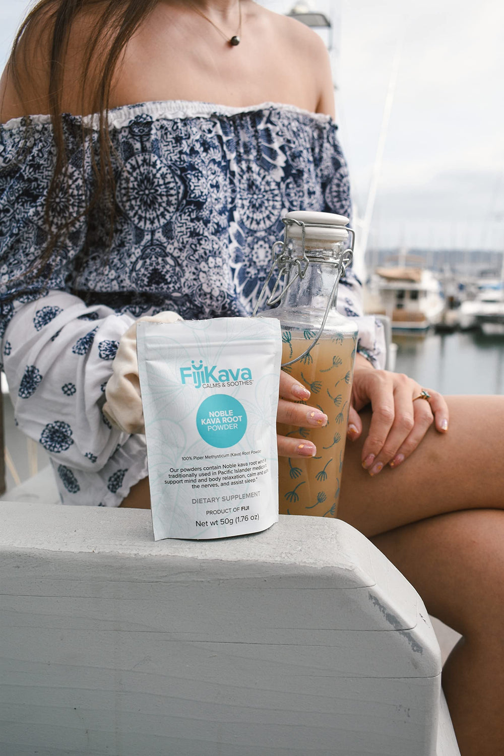 FijiKava dissolving powder in glass highlights convenient prep for relaxation.