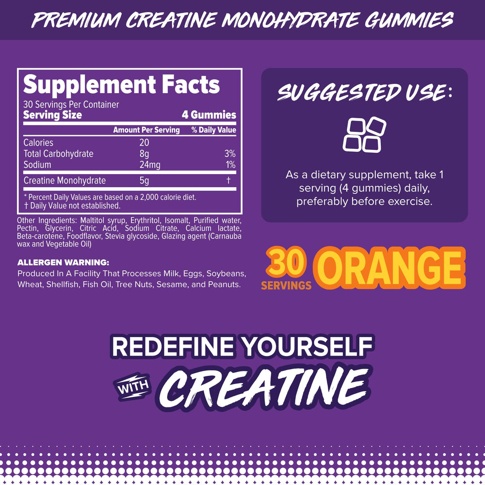 FINAFLEX Creatine Gummies orange bottle back nutrition details