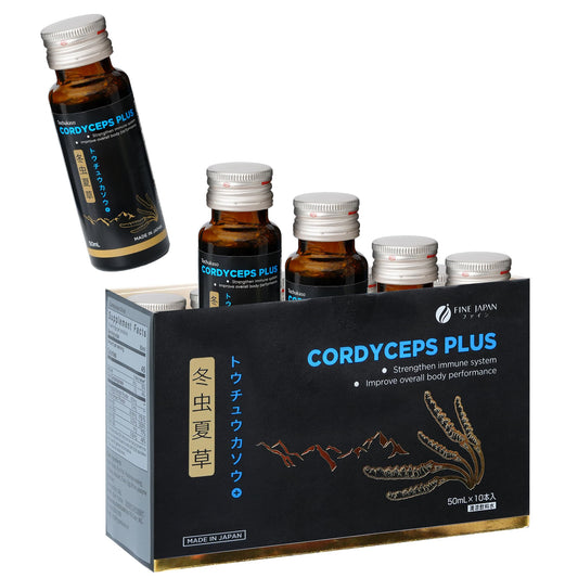 FINE JAPAN Cordyceps Plus bottle with label, premium extract for energy support.