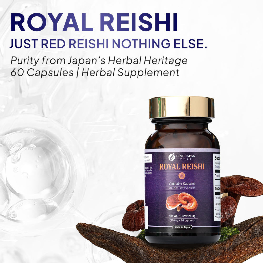 Fine Japan Organic Reishi capsules close-up showing 480 mg extract per serving.