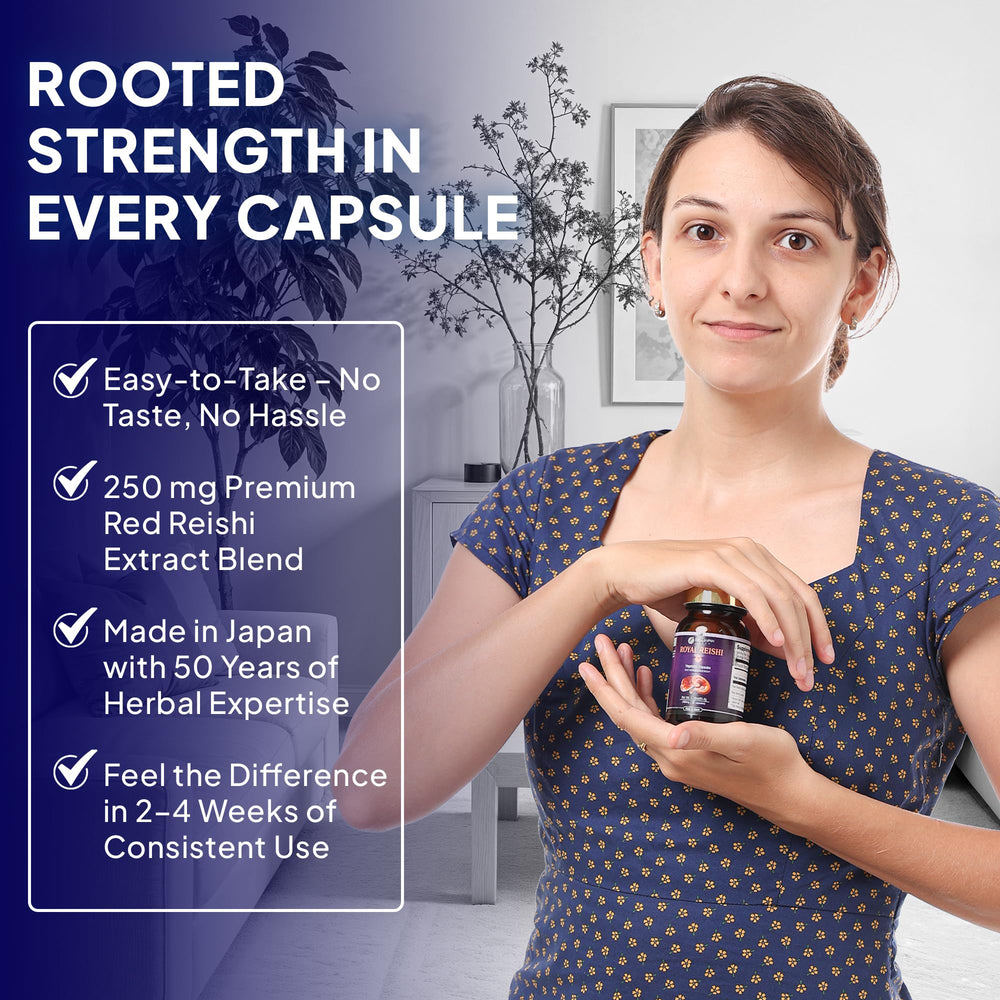 Fine Japan Reishi capsules poured into hand for easy dosing.