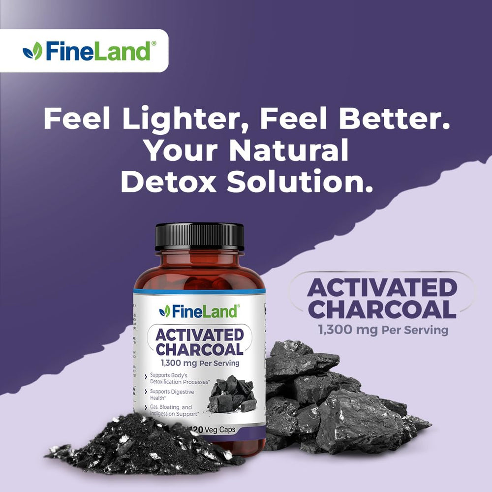 Close-up of FineLand charcoal capsules for convenient vegan detox.
