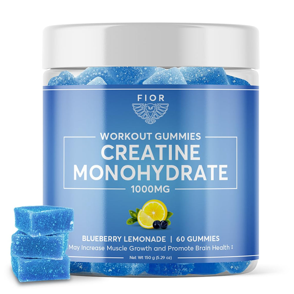 FIOR Creatine Gummy bottle on counter for convenient pre-workout support.