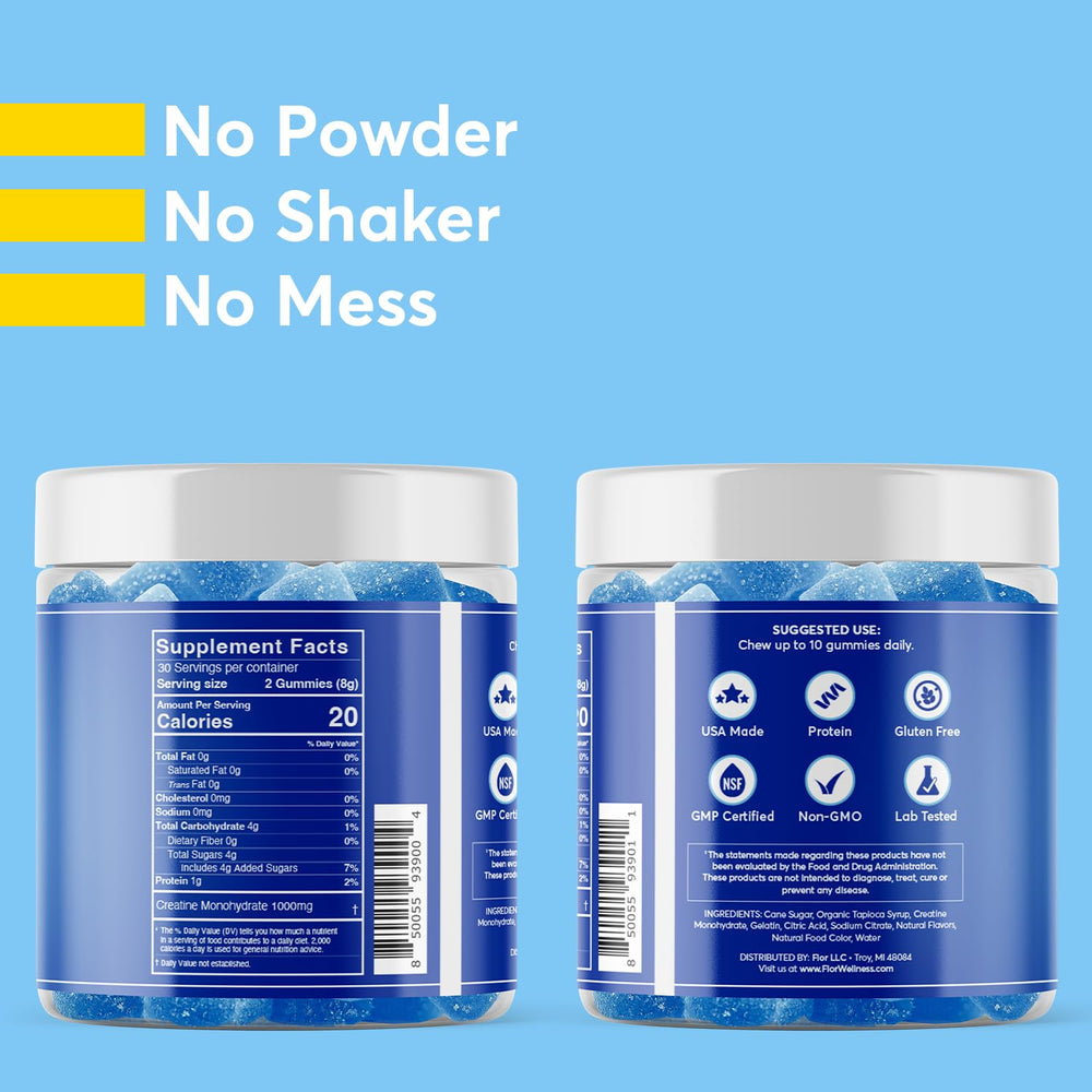 FIOR Creatine Gummy label detail shows micronized creatine benefits.