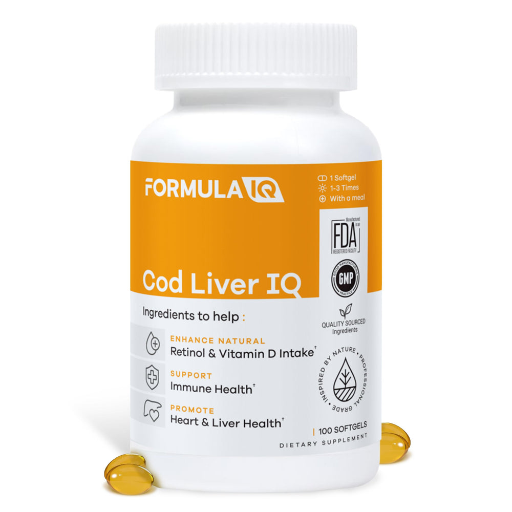 FIQ Formula IQ cod liver oil softgels bottle for daily heart and immune support.