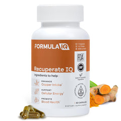 FIQ Recuperate IQ bottle front showing easy-to-swallow 2 mg capsules for daily support