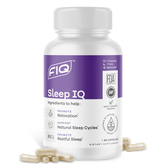 FIQ Sleep IQ bottle on nightstand promoting restful sleep.