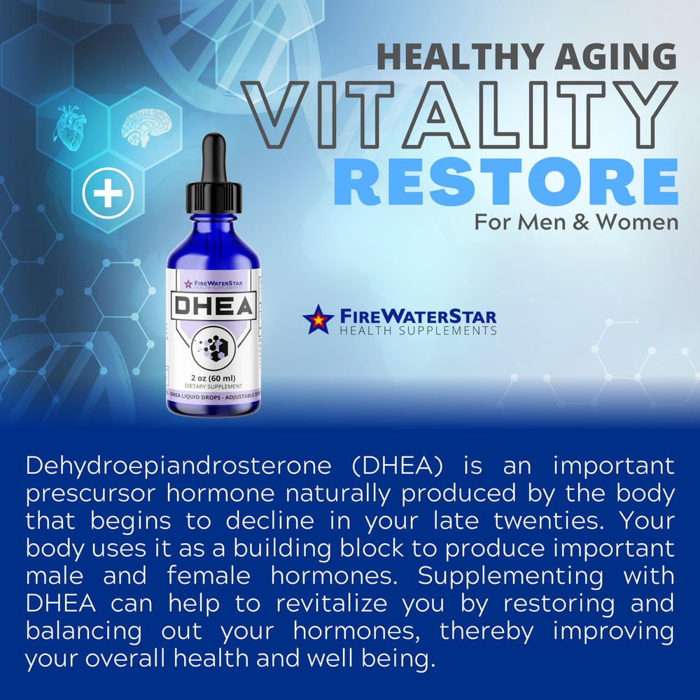 Close-up of FireWATERSTAR DHEA glass bottle highlighting USA manufacturing and natural ingredients.